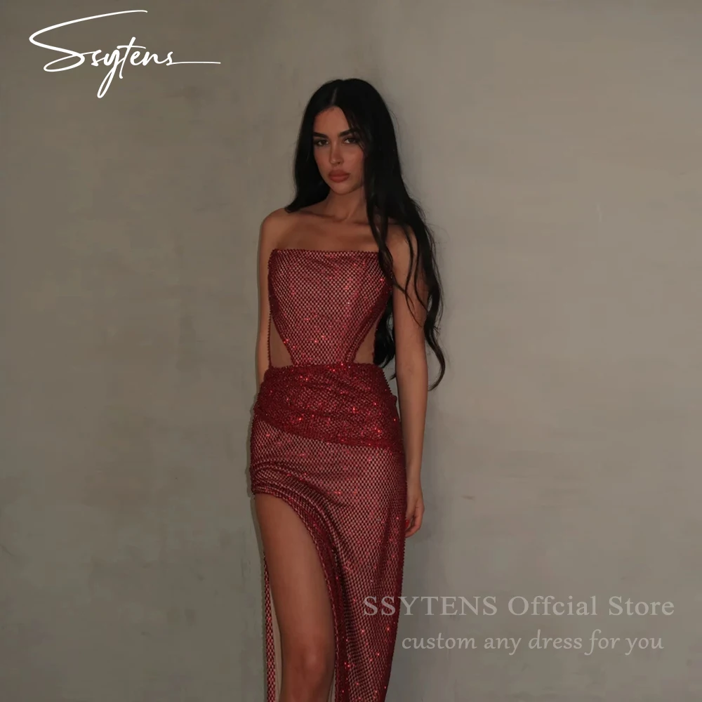 

SSYTENS Mermaid Arab Prom Dresses Sleeveless Shiny Sequined Evening Party Gown Dubai High Split Dress robes de soirée Customized