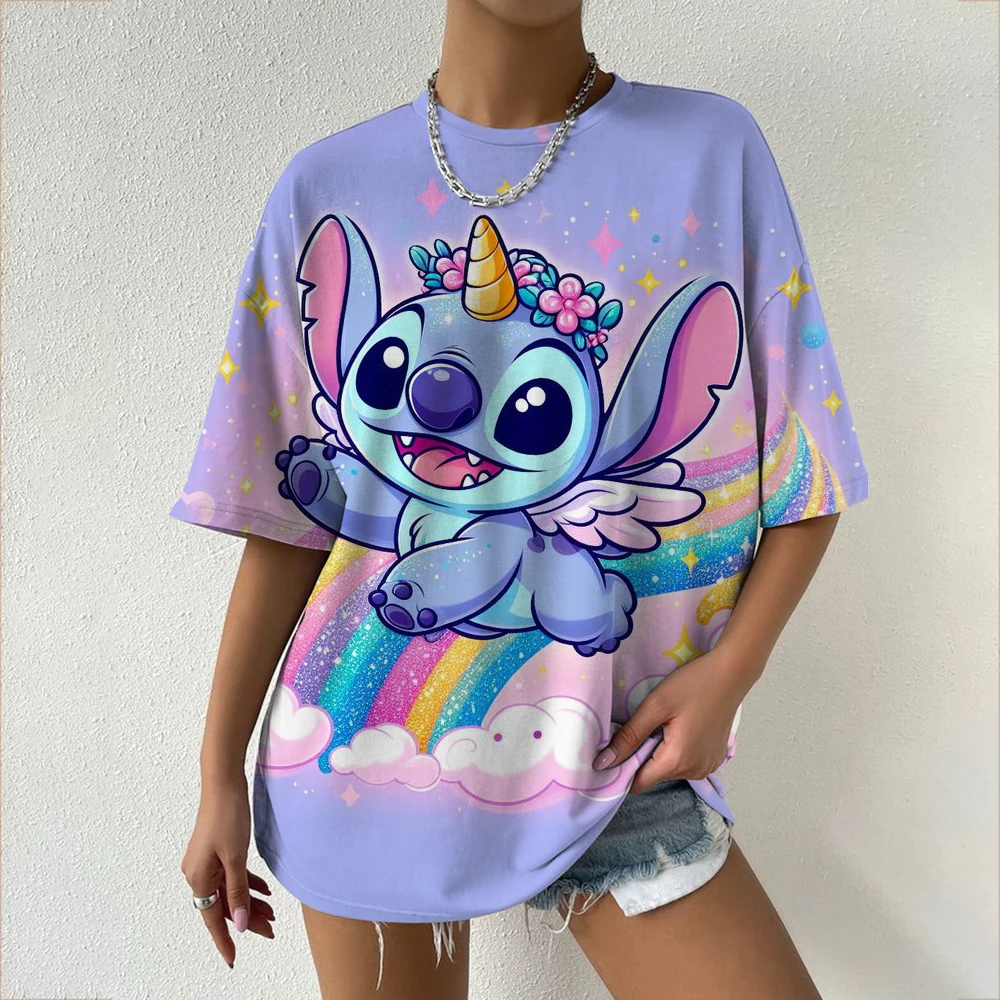 Disney Lilo en Stitch T-shirts voor dames Zomer Casual T-shirt met kleurblokken Leuke cartoonkarakterpatroon Oversized top
