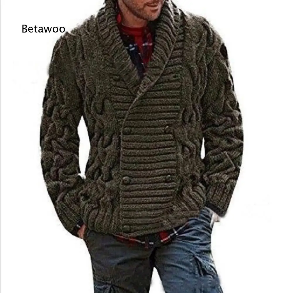 Men Solid Loose Cable Knit Cardigan Shawl Collar Double Breasted Long Sleeve Knit Coat For Autumn Winter Daily Travel Wear