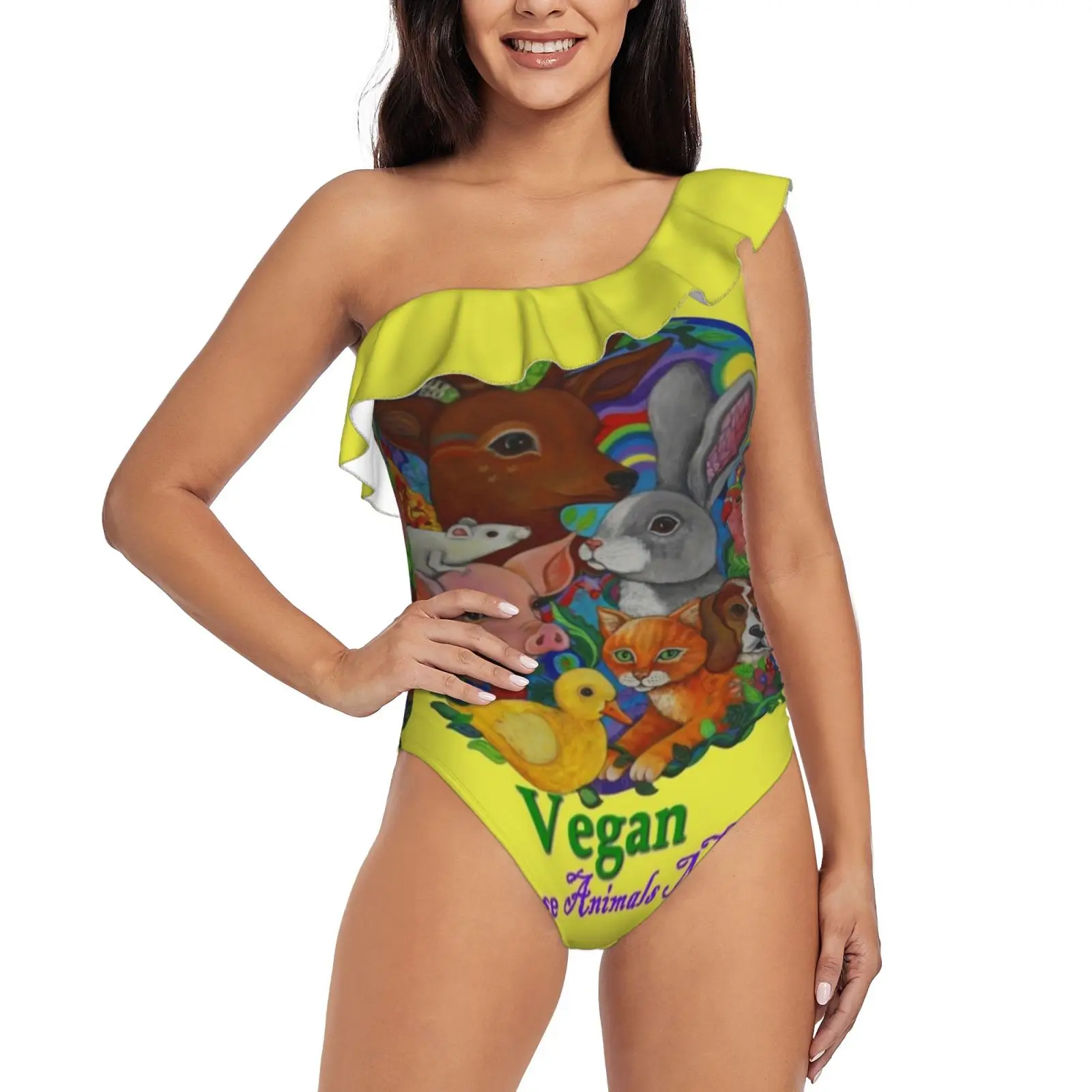 

Vegan Because Animals Matter One-Piece Swimsuit One Shoulder Ruffle Swimsuit Sexy Monokini New Girl Beach Swimwear Vegan