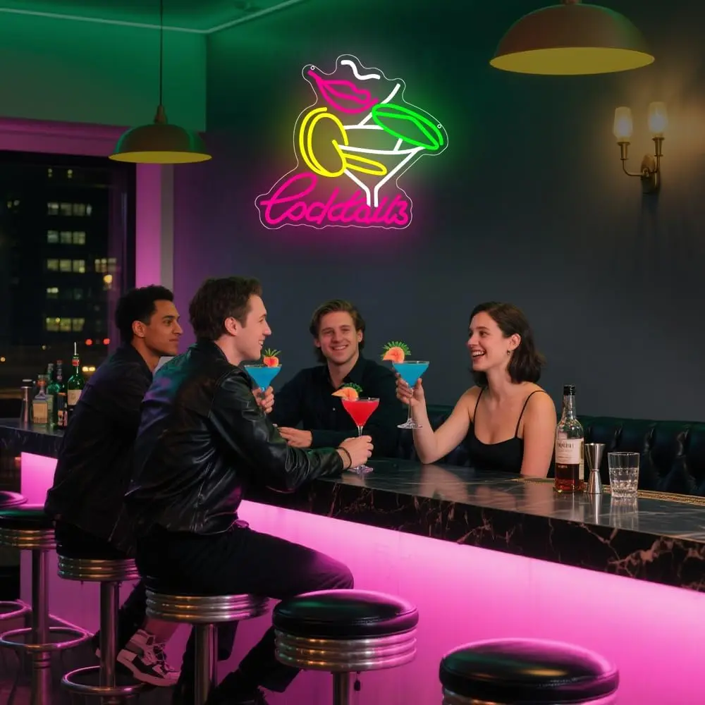 Cocktails Neon Sign USB Powered LED Neon Light for Bar Party Night Club Gaming Room Bedroom Aesthetic Decoration Art Wall Light