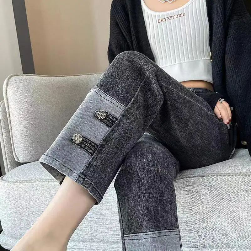 Spring Summer Women's Stitch Detail Jeans High Waist Skinny Straight Leg Cropped Stretch Cigarette Pants for Petite