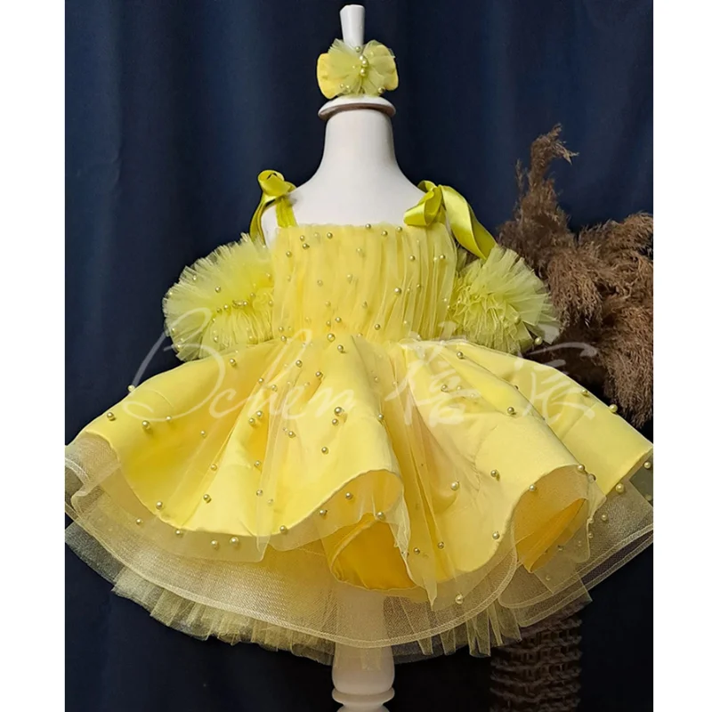 Children's Yellow Princess Dress 2024 New Girls Fashion Handmade Nail Bead Bow Design Birthday Party Dress y1415