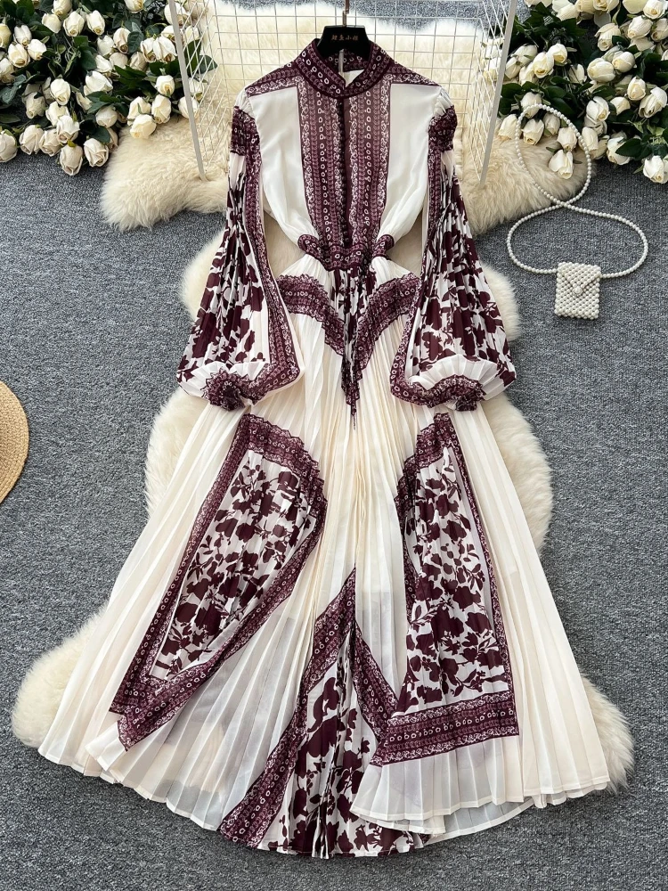 Vrouwen Vintage Geplooide Avondfeest Jurk Lente Herfst Hoge Taille Gedrukt Lange Jurken Dames Slanke A-lijn Chiffon Lange Gewaad