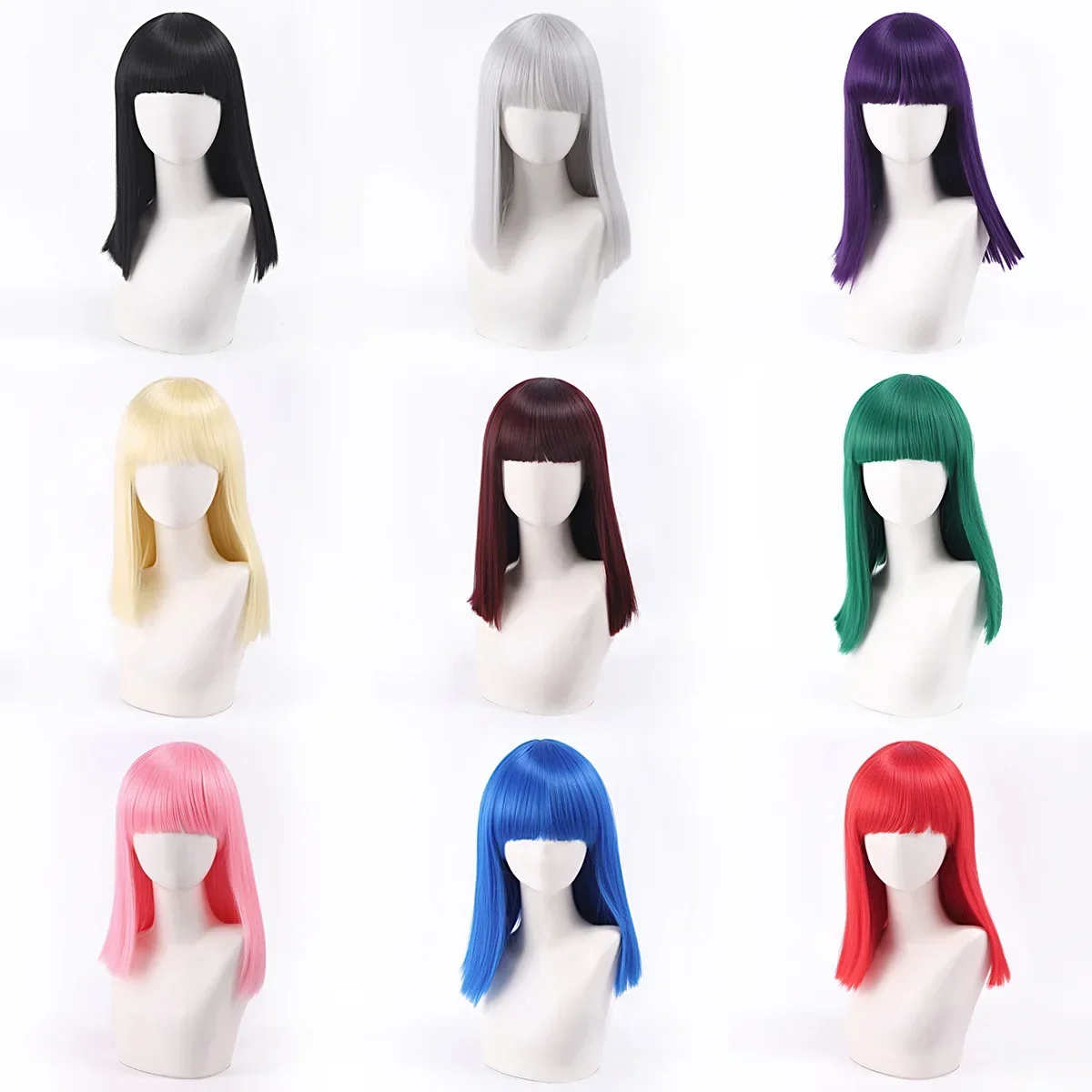 Short Bob Synthetic Wig for Women Cosplay Party Club Straight Hair with Bangs Blue Green Grey Beige Black Red Pink Shoulder