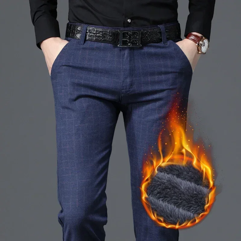 Fleece Pants Men's Winter New Thicker Straight Stretch Plaid Fashion Casual Business Trousers Male Brand Clothing Blue Black