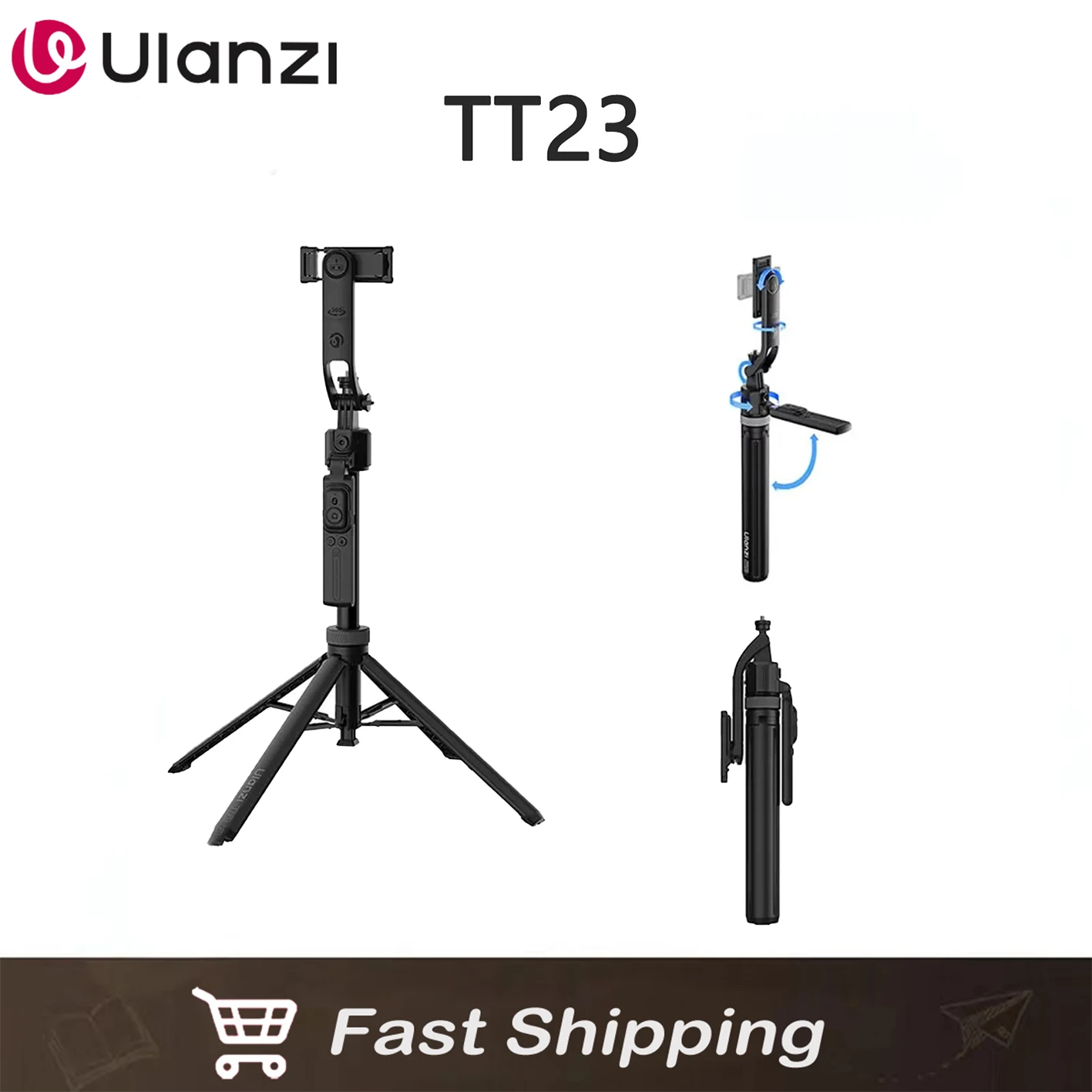 Ulanzi TT23：スマートフォン用カメラ三脚、アルミニウム合金製、折りたたみ式、GoPro対応、Bluetoothリモコン付き、軽量、360度回転 °   自動追跡