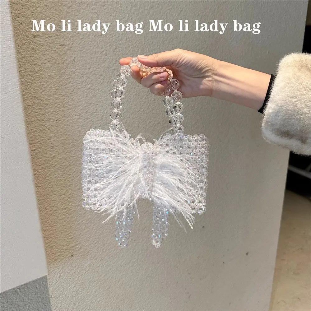 

Transparent Beads Beaded Woven Handmade Clutch Purse Exquisite Evening Bag Luxury Ostrich Hair Wedding Party Women Handbag