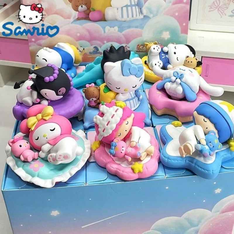 Kawaii Genuine Sanrio Family sleeping In Peace Series Blind Box Hello Kitty Kuromi Jade Dog Kawaii Coolmy Handmade Girls Toy Gifts