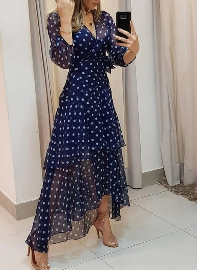 

Summer Woman Dress Chiffon Printed Polka Dot Dresses Women's Casual V Neck Maxi Dress Navy Blue Tie Waist Long Dress Tiered