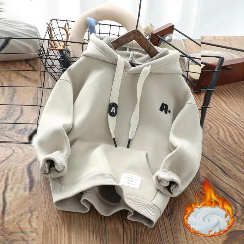 Boys Winter Padded Hoodies Children Warm Thicken Sweatshirt New Kids Autumn Plus Velvet Daily Coats Teenager Fashion Clothing