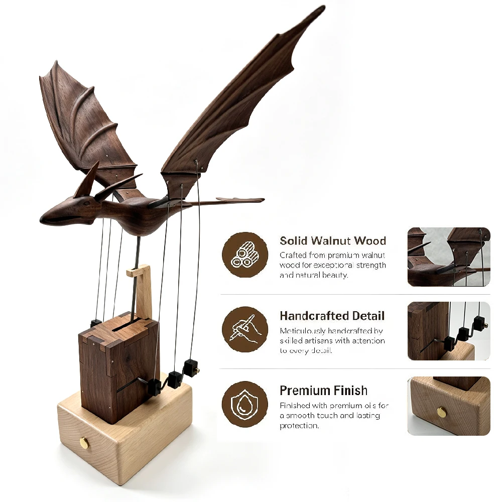 Handcrafted Wooden Dragon Kinetic Sculpture,Mechanical Fire Effect & Flapping Wings,Natural Walnut Desk Art Gift for Collectors