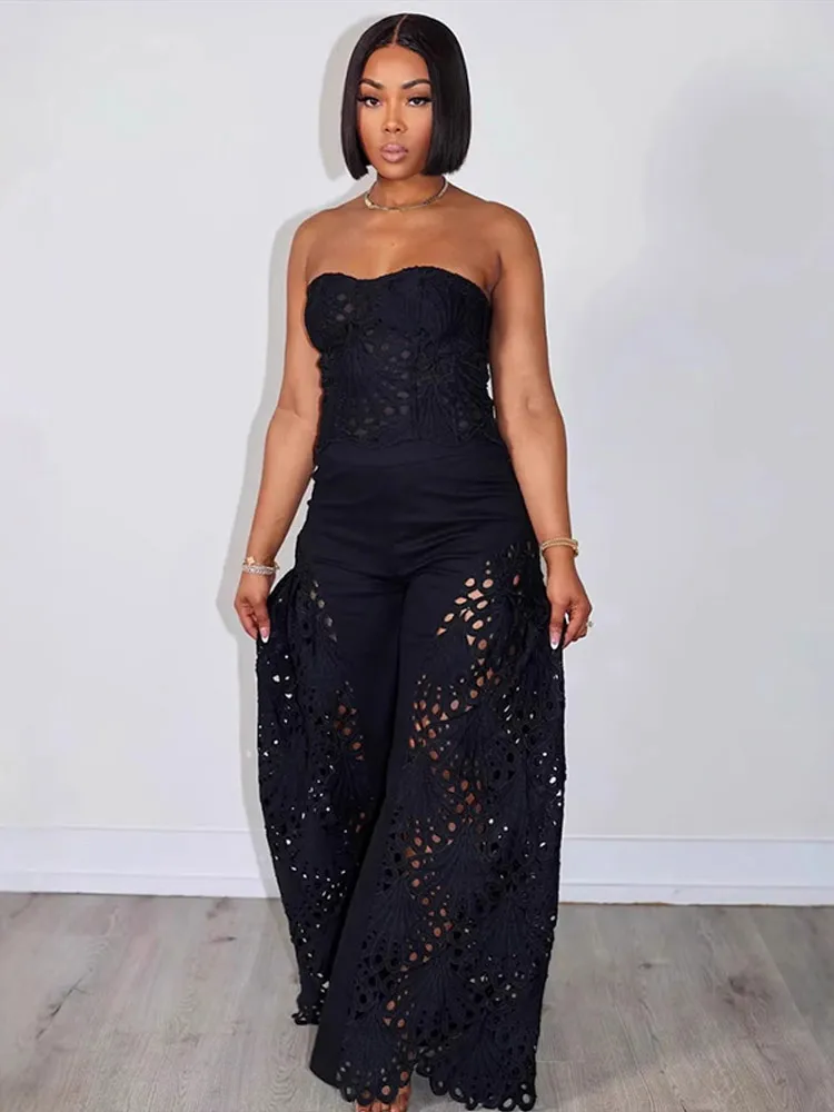 sexy 2 piece suit Sexy Strapless Hollowed Top Pants 2 Piece Set Women Chic Solid Sleeveless  Vest Straight Pant Suit Female Summer Chic Casual Sets