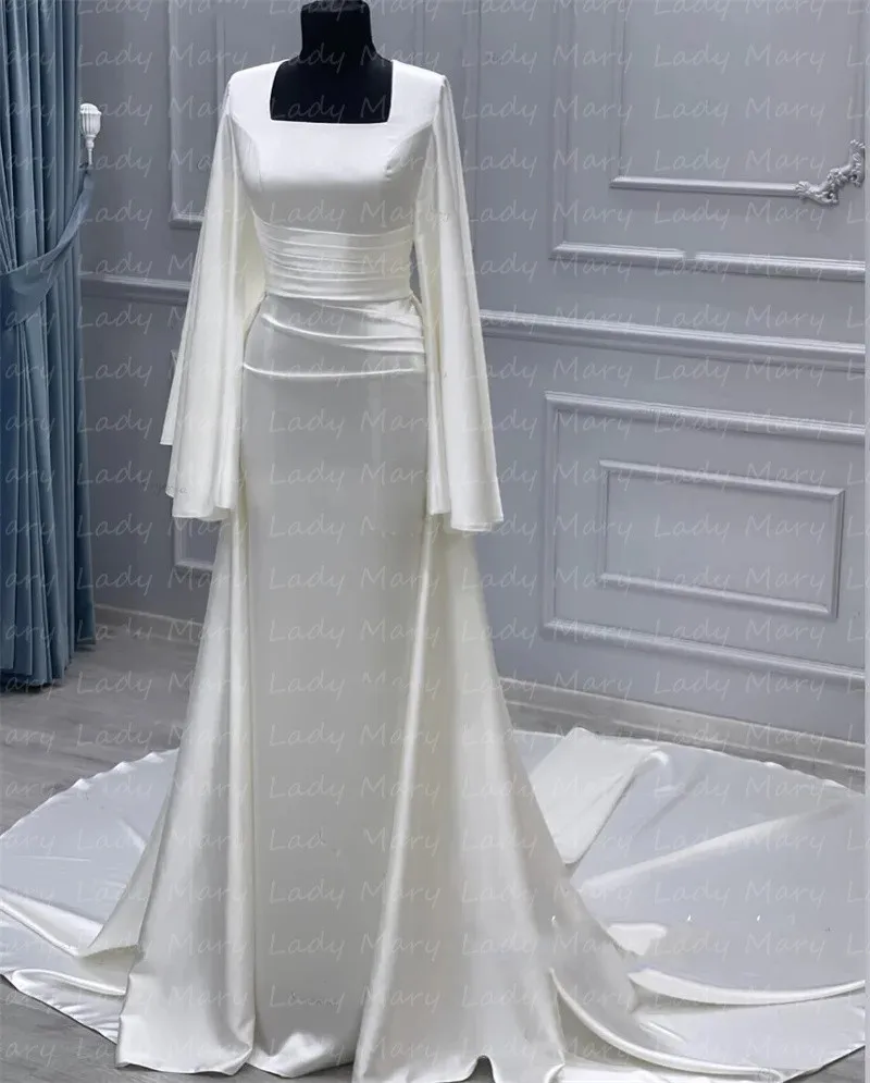 

Elegant 2024 Square Neck Muslim Wedding Gowns Satin Full Sleeves Sweep Train Formal Bridal Gowns Robe De Mariée