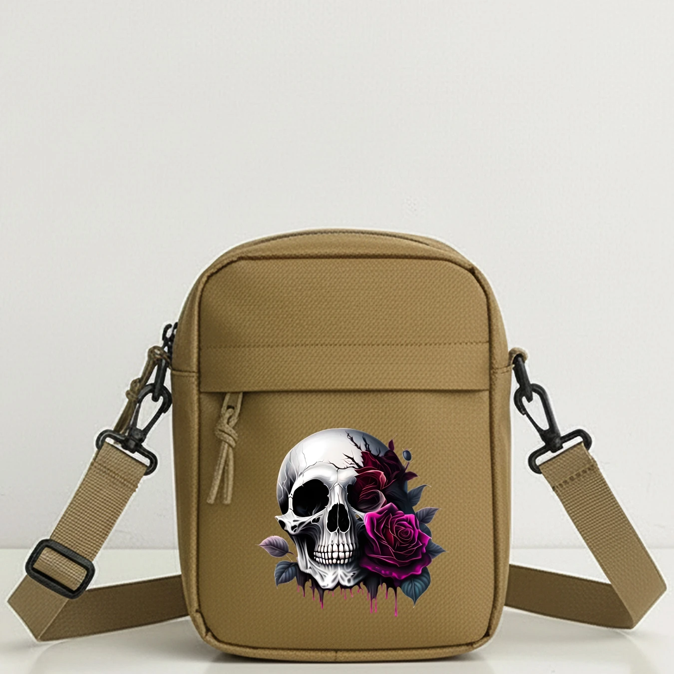 Skull Rose Pattern Oxford Shoulder Bag for Men Adjustable Strap Zipper Crossbody Bag for School Work Commuting Travel Cycling