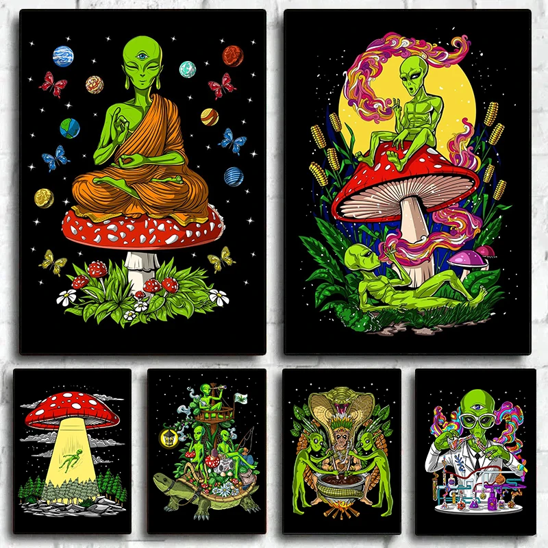 Póster psicodélico de setas mágicas Trippy, pintura en lienzo, ciencia de dibujos animados, Alien Stoners, arte de pared para decoración del hogar y la sala de estar