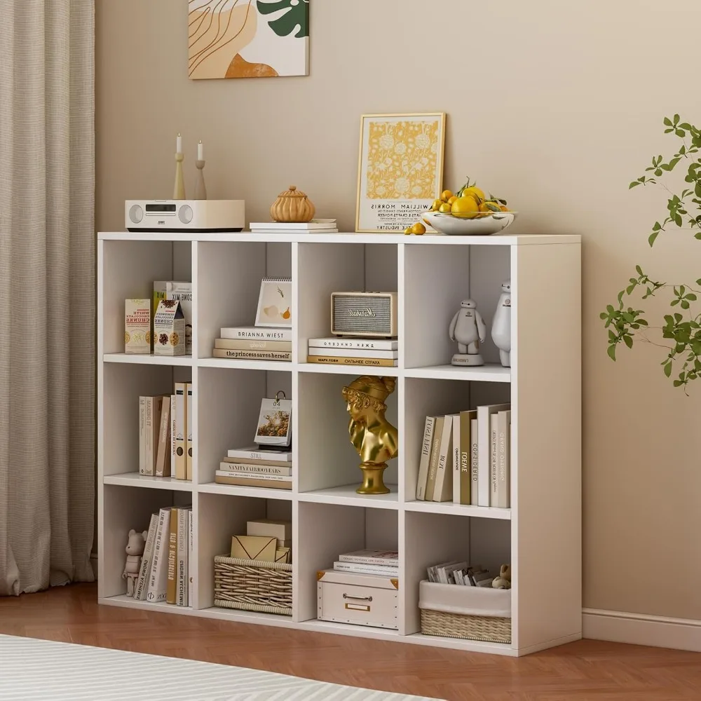 12 cubic Storage Bookshelves - Wooden 3 floor standing open bookshelves for home and office, display cases, warm white