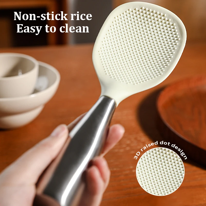 1 Pc Silicone Rice Spoon, Stainless Steel Handle Rice Shovel, Non Stick Rice Spoon, Can Stand Upright Kitchen Appliance