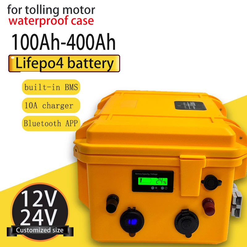 

Waterproof case Batterie lithium fer phosphate , 12V, 200Ah, 300Ah, 24V, 100Ah, 150Ah, Lifepo4, BMS ,boat motor, + charger 10A,