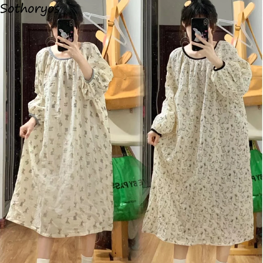 

Sweet Long Sleeve Nightgowns Women Breathable Ins Designs Students O-neck Printed Sleepwear Kawaii Lovely Soft Ulzzang Daily