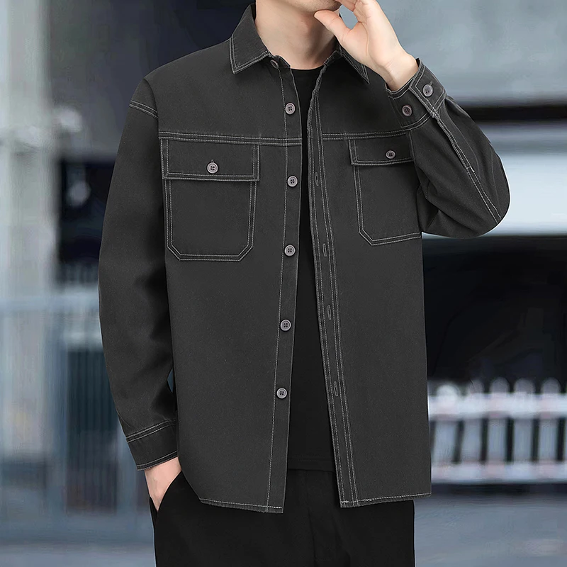 

Waed American Sle Men's irt Spring Autumn New Double ket Stand Collar Workwear Outerwear Stand Fit Long Sve