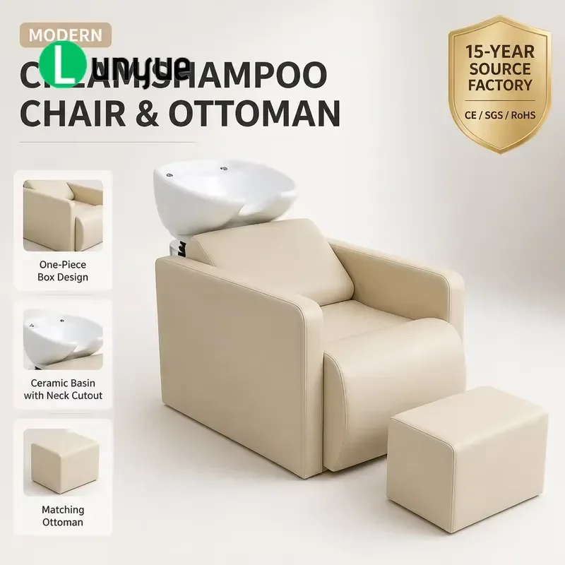 Cream Shampoo Chair One Piece Box Design Ceramic Basin with Neck Notch Separate Footstool for Hair Barber Shop Beauty