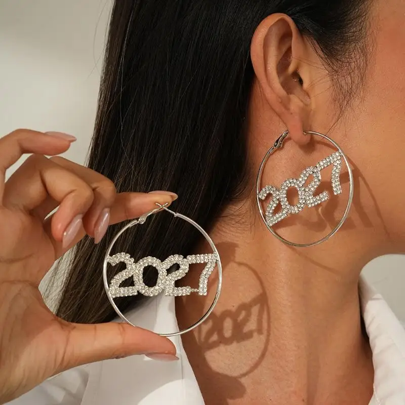 1Pair Jewelry Elegant 2027 Digital Earrings Rhinestone Fashion Happy New Year Earrings Shiny Long Drop Stud Earrings Party