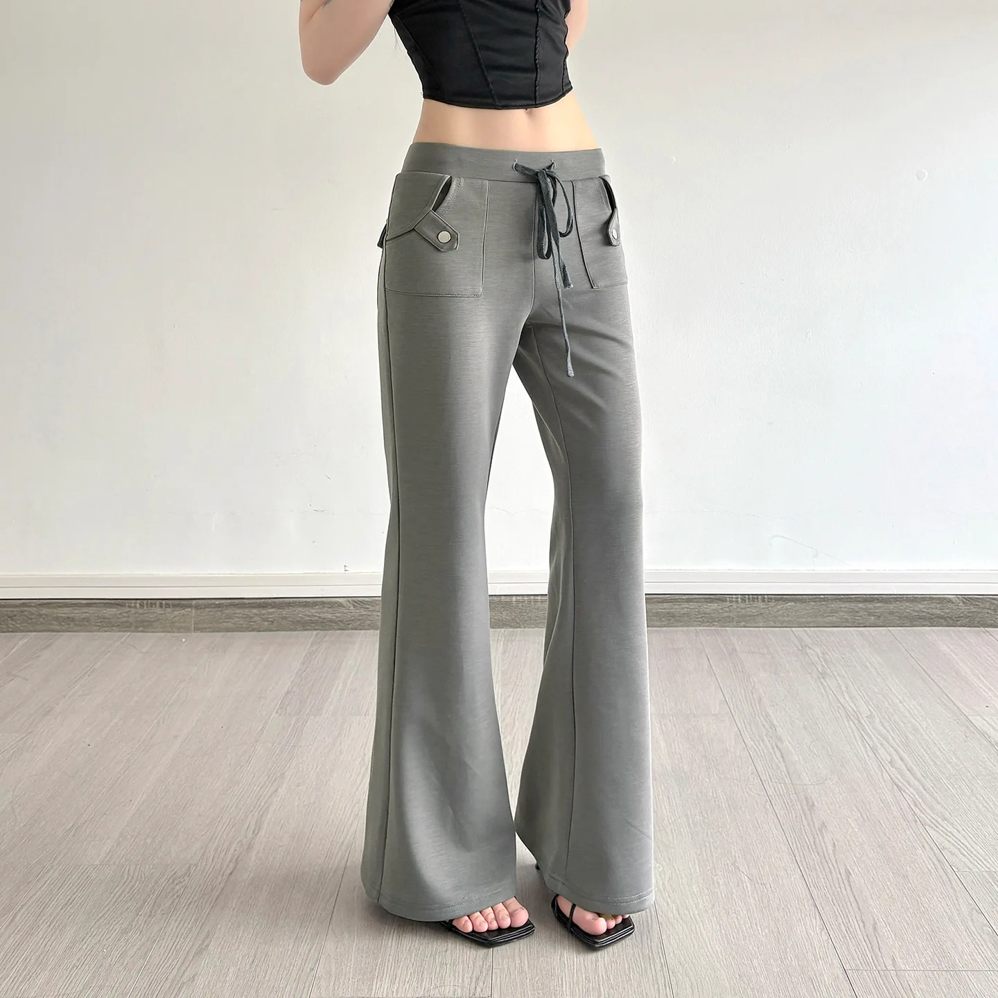 Threaded Elastic Waist Splicing Slim-fitting Micro-pull Trousers Simple Versatile Drawstring Lace-up Casual Sweater Pants