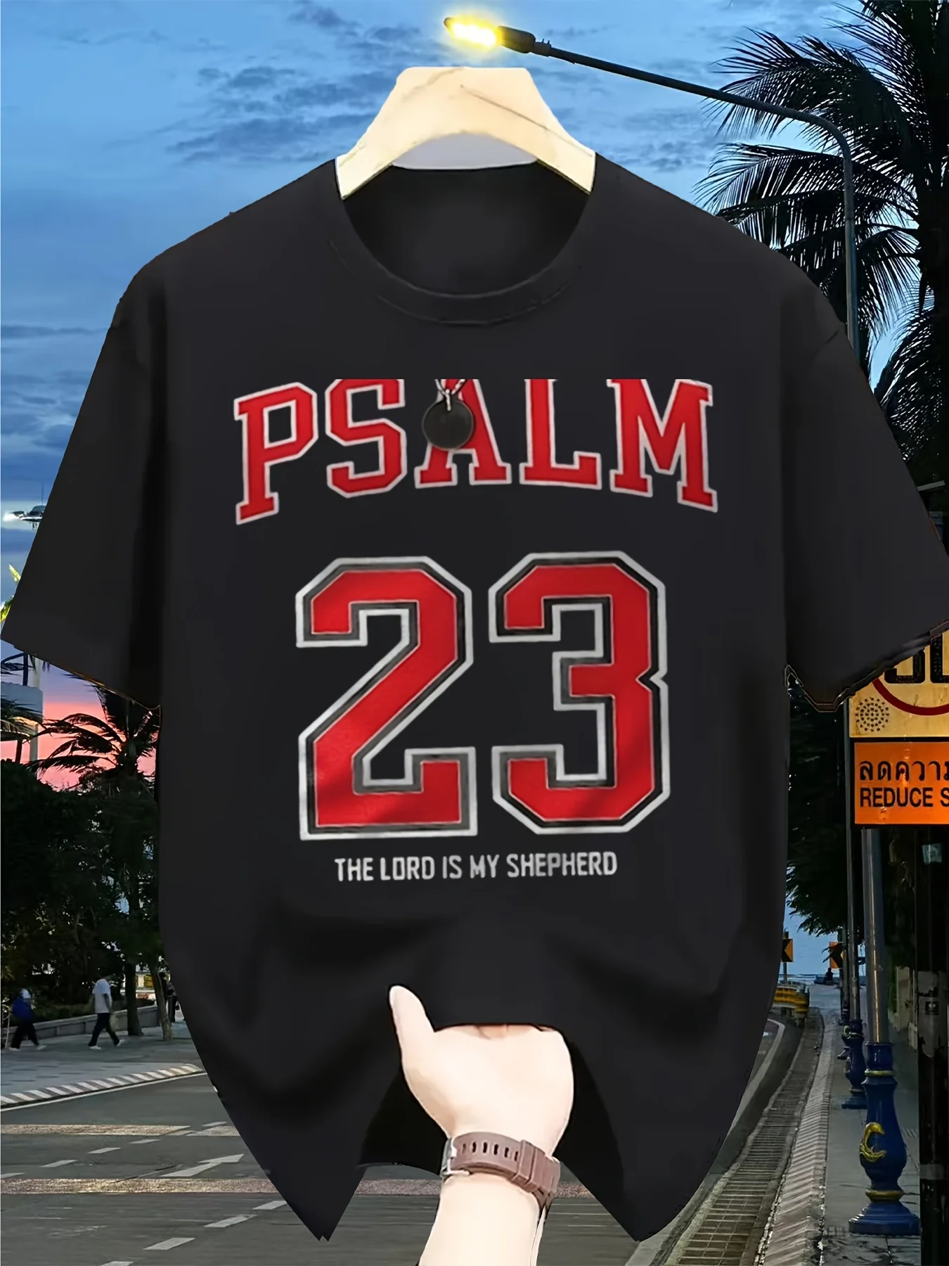 Men Black T-Shirt Psalm 23 Red Varsity Number Print Crew Neck Short Sleeve The Lord Is My Shepherd Faith Front Casual Tee