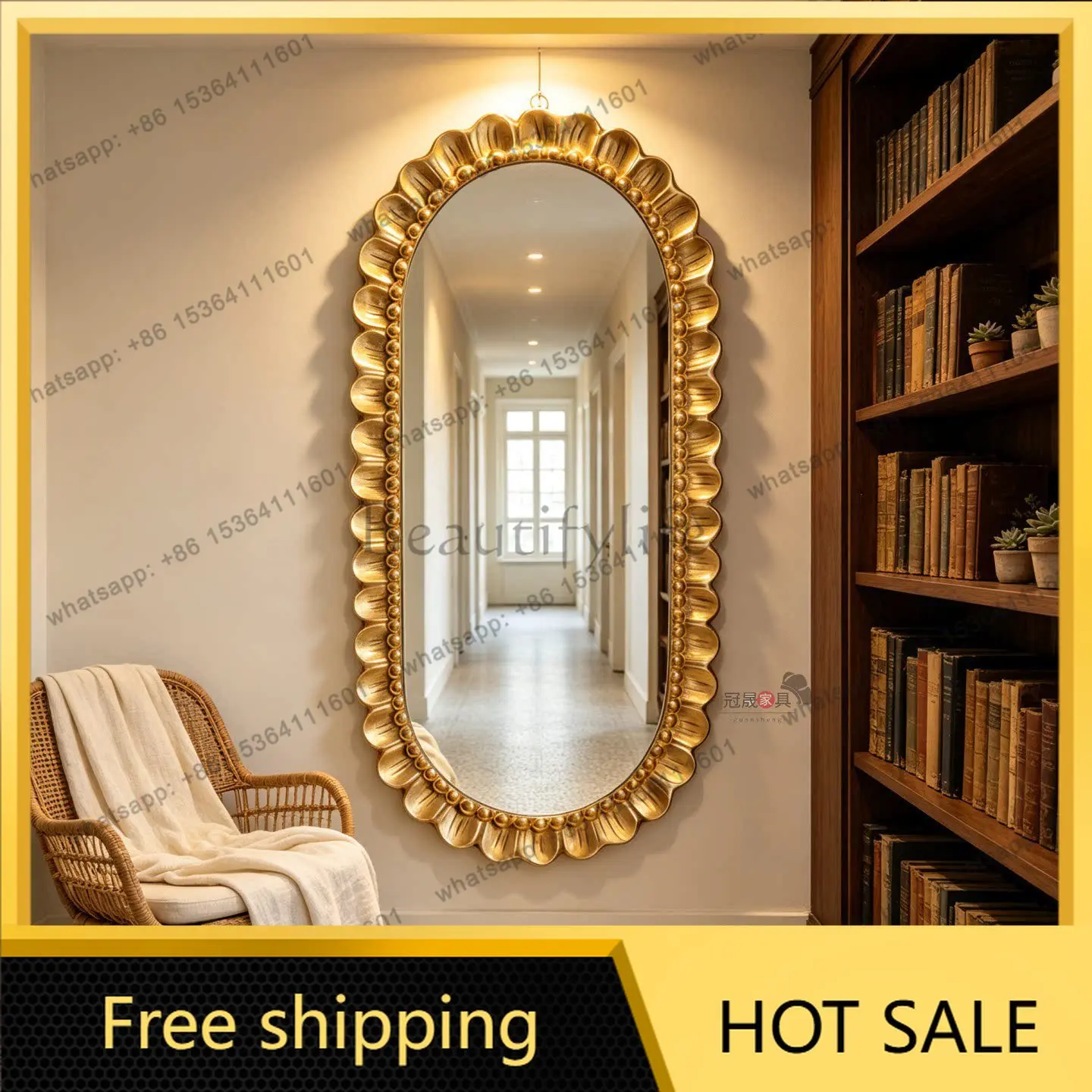 LS French retro oval full-length mirror living room entrance bedroom cloakroom fitting mirror wall hanging