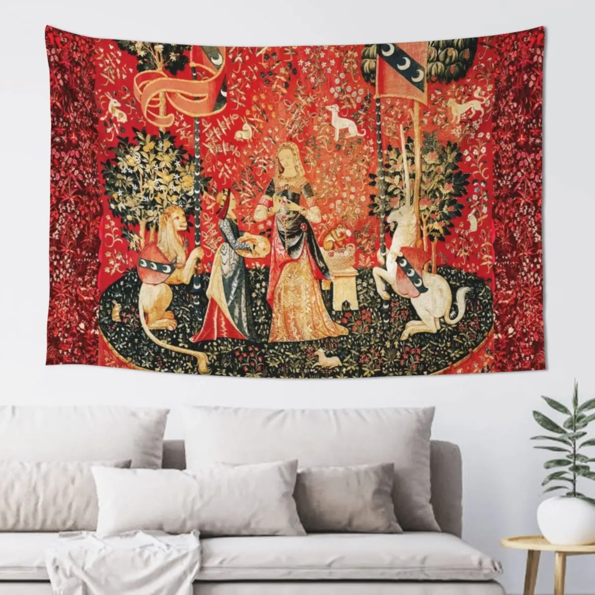 

LADY AND UNICORN ,SMELL ,Lion,Fantasy Flowers,Animals Red Green Floral Tapestry Home Decorators Wall Hanging Tapestry