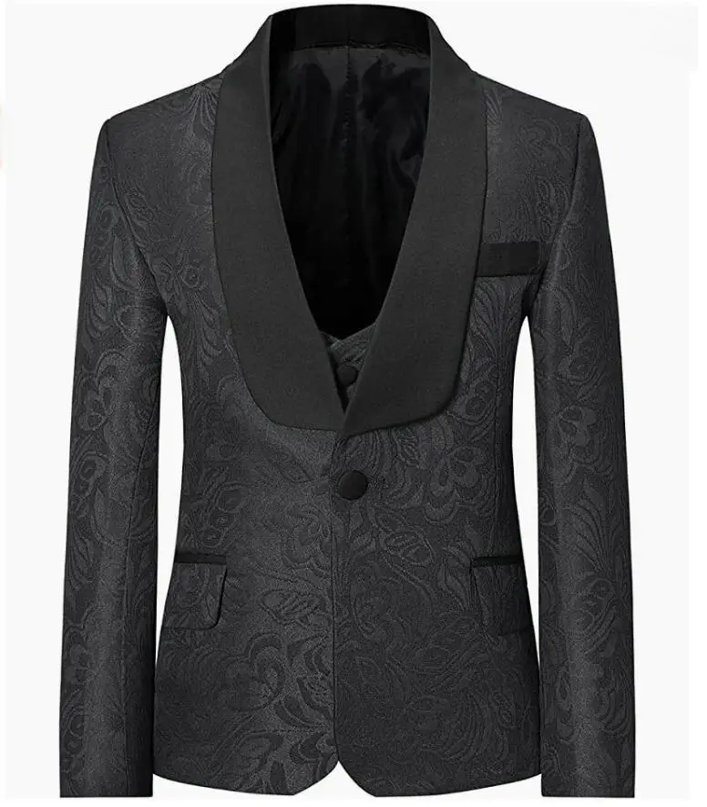 Fashion Suits For Boys Wedding Tuxedo Shawl Collar Black Jacquard Formal Party Dress Kids Blazer Vest Pants 3 Piece