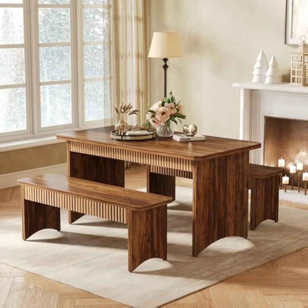 

55" Dining Table with 2 Benches, Dining Table Set for 4-6 People, Farmhouse Kitchen Tables with Bench, Dining Room Tables Set