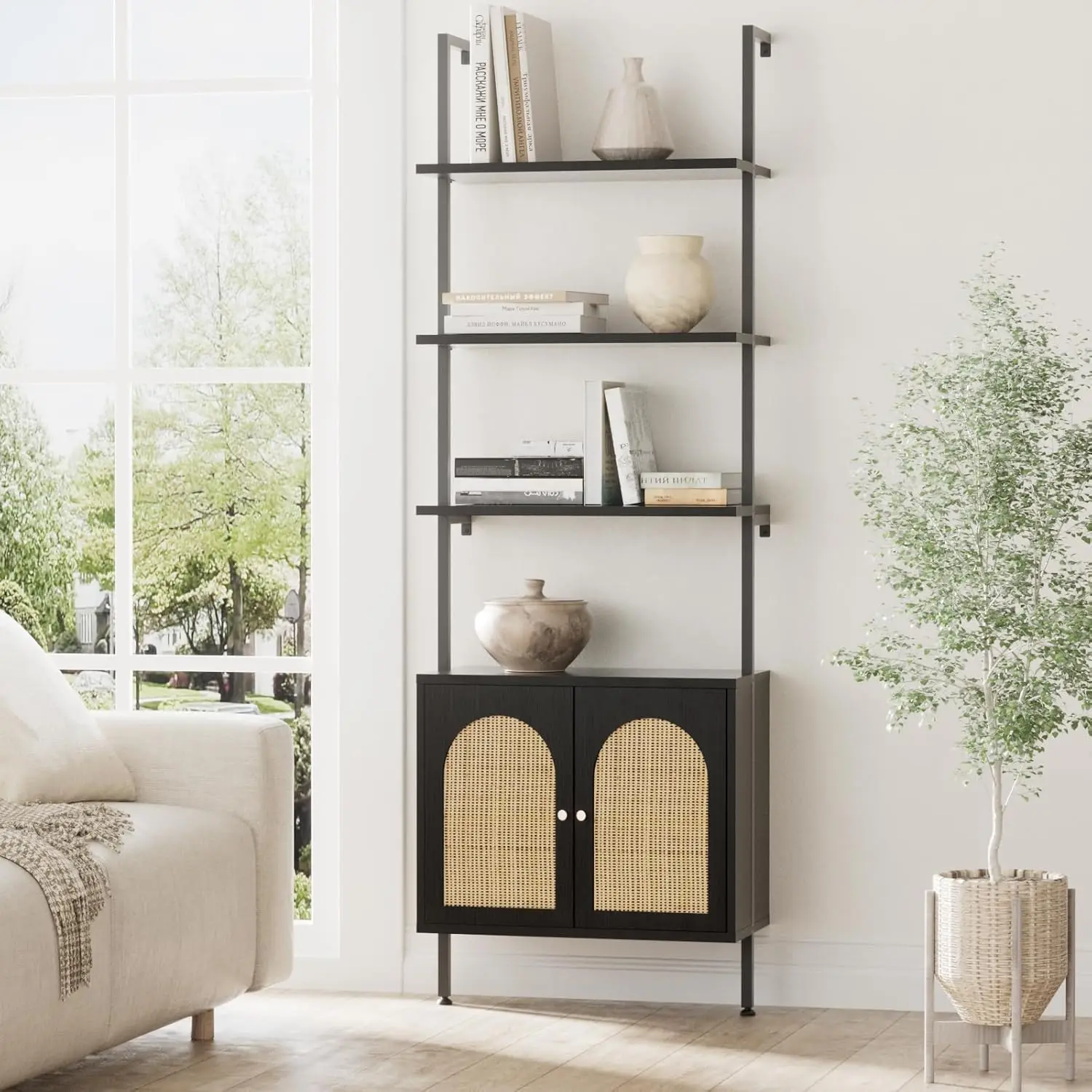 

6-ярусная лестничная книжная полка с плетеным шкафчиком, настенная, с металлическим каркасом, для гостиной, ванной комнаты, офиса, на заказ