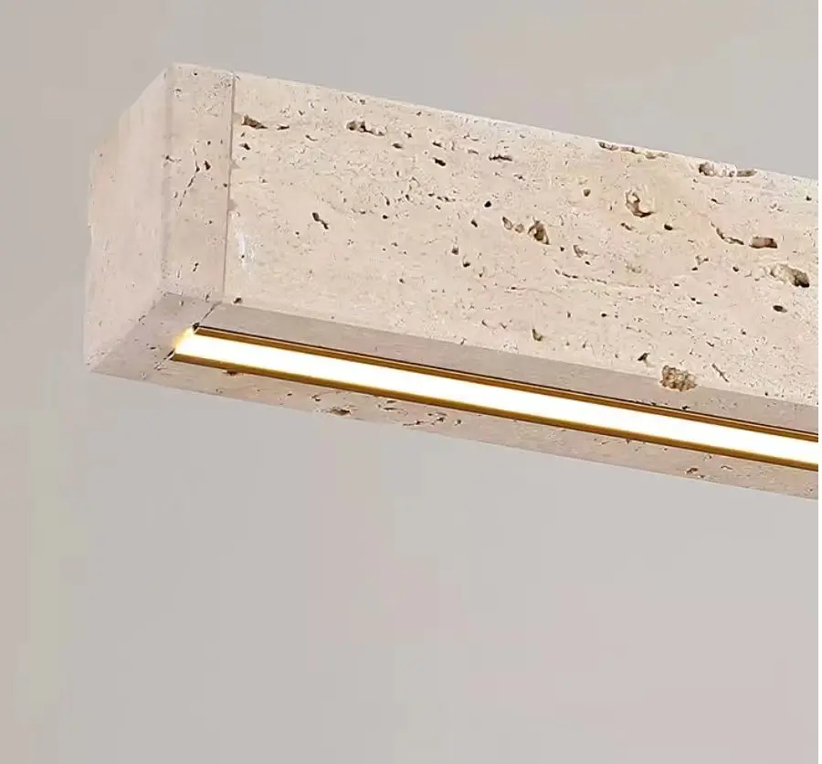 Nowoczesna liniowa lampa wisząca LED z naturalnego kamienia wapiennego z osłoną lampy sufitowej o wyglądzie drewna do jadalni i dekoracji oświetlenia domowego.