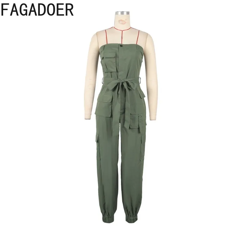 FAGADOER 캐주얼 카고 포켓 패치 워크 점프 슈트 여성 민소매 백 레스 Bodycon Rompers 여성 streetwear 오버올 여름 신작