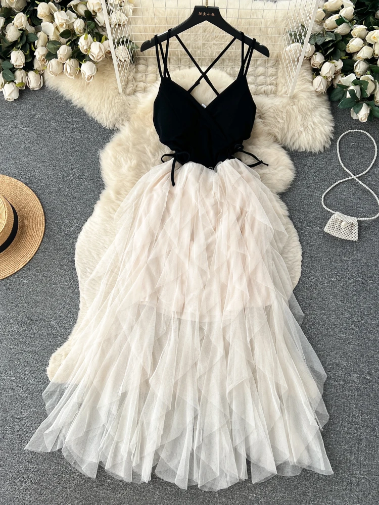 Französisch Vintage Mesh Kleid Frauen Sommer Schlank Tiefem V-ausschnitt Sexy Hohe Taille Lange Kleider Damen Elegante Strand Lange Robe Vestidos
