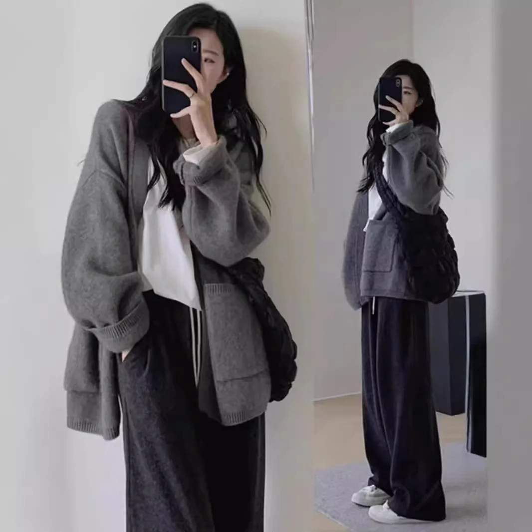 

and winter new Korean version loose knitted cardigan lazy style solid color pocket temperament sweater jacket female trend