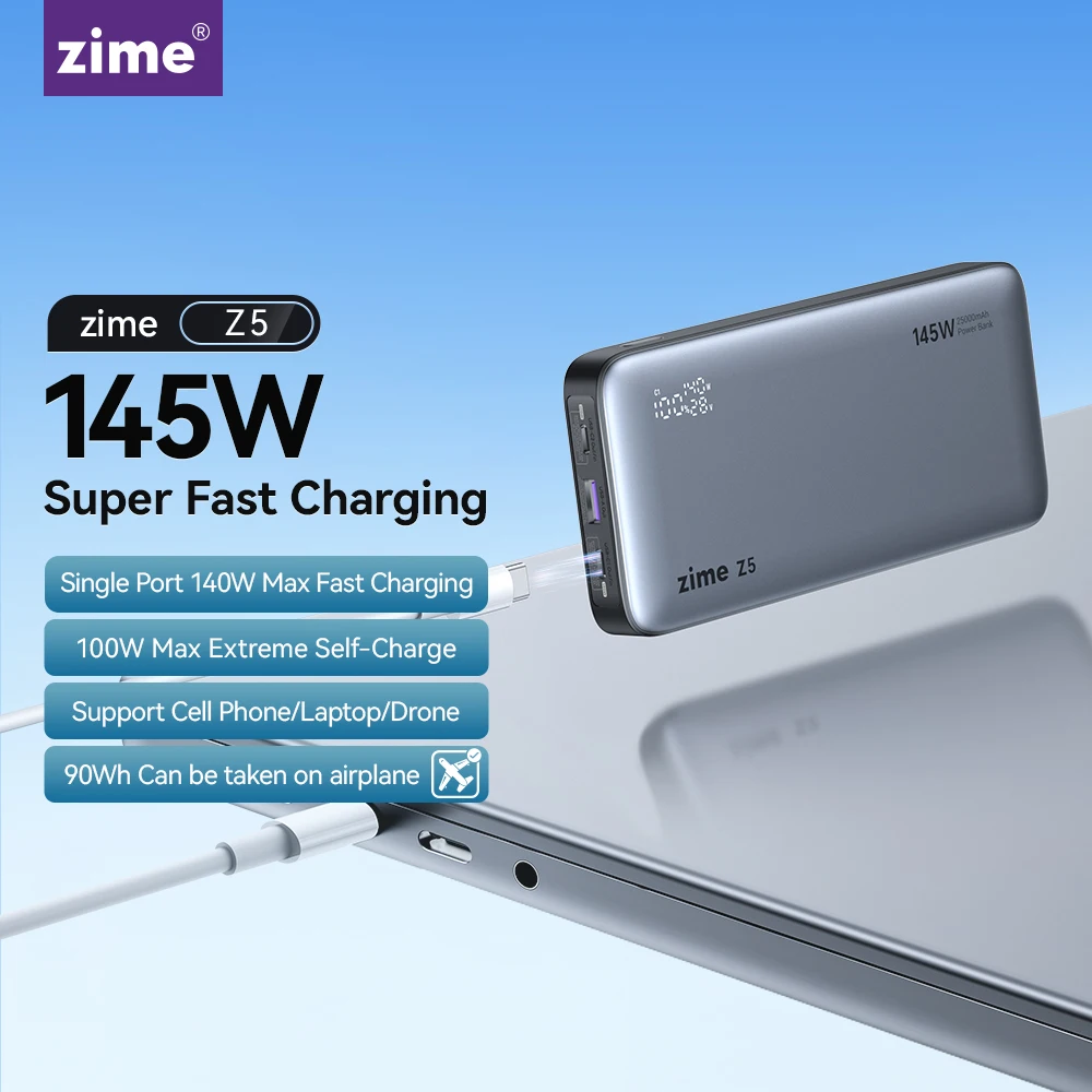 

zime Z5 25000mAh 145W Power Bank PD Fast Charging For Laptop Phone Notebook High-wattage Portable External Battery LED Display