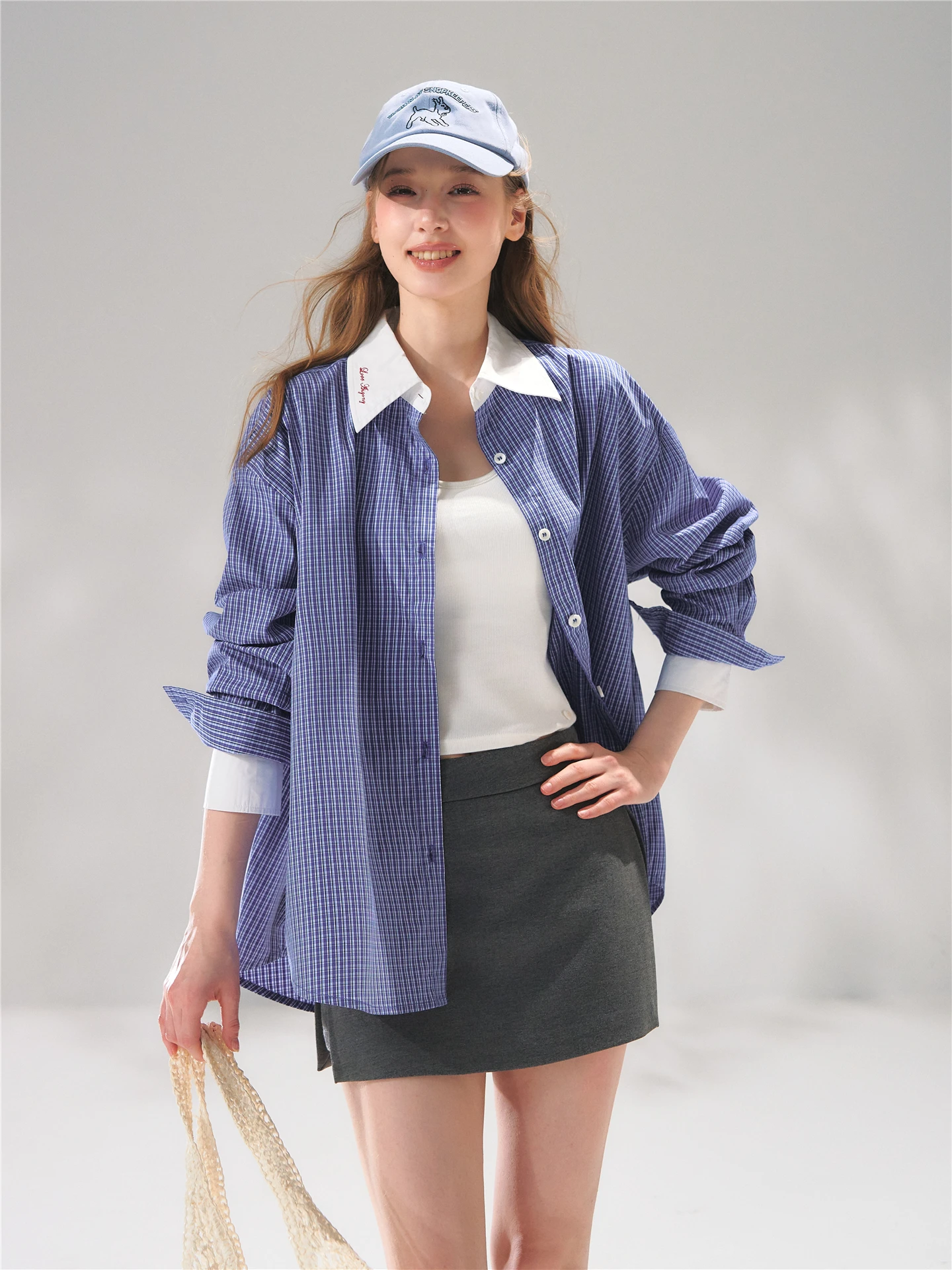 

AsGony Casual Style Long Sleeve Loose Fit Neck Shirt Women's Checkered Pattern Two-Piece Look Breathable Skin-Friendly