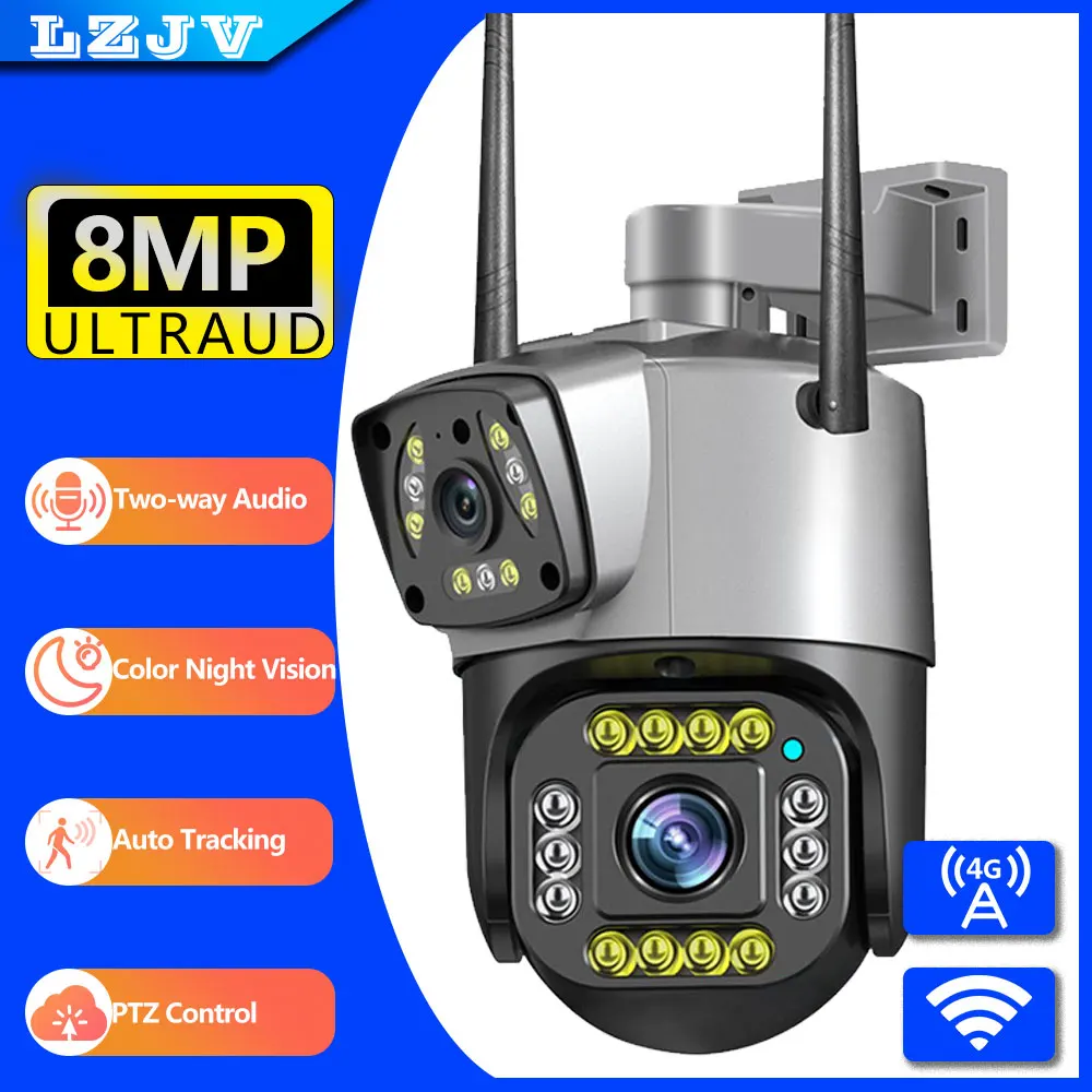 

LZJV Dual Lens 4G IP Camera WiFi 8MP 4K Surveillance Cameras Wireless Outdoor Smart Home Night Vision V380 Digital Zoom CCTV Cam