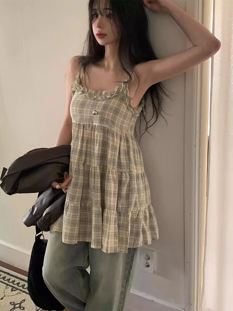 

Sweet Summer Svel Gingham Plaid ter Dr Women's High Waist A-Line Knitted Cotton V-Ne Dr Faionable Youthful