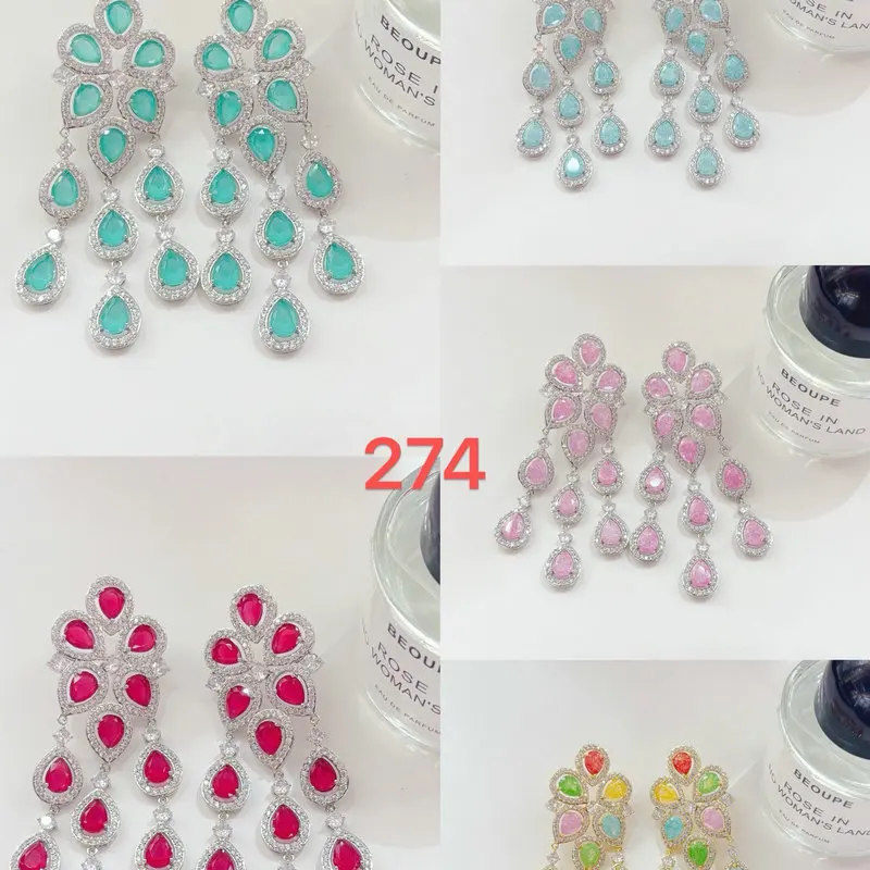 Bilincolor Green Cubic Zirconia Long Tassel Flower Earring for Women Wedding Jewelry