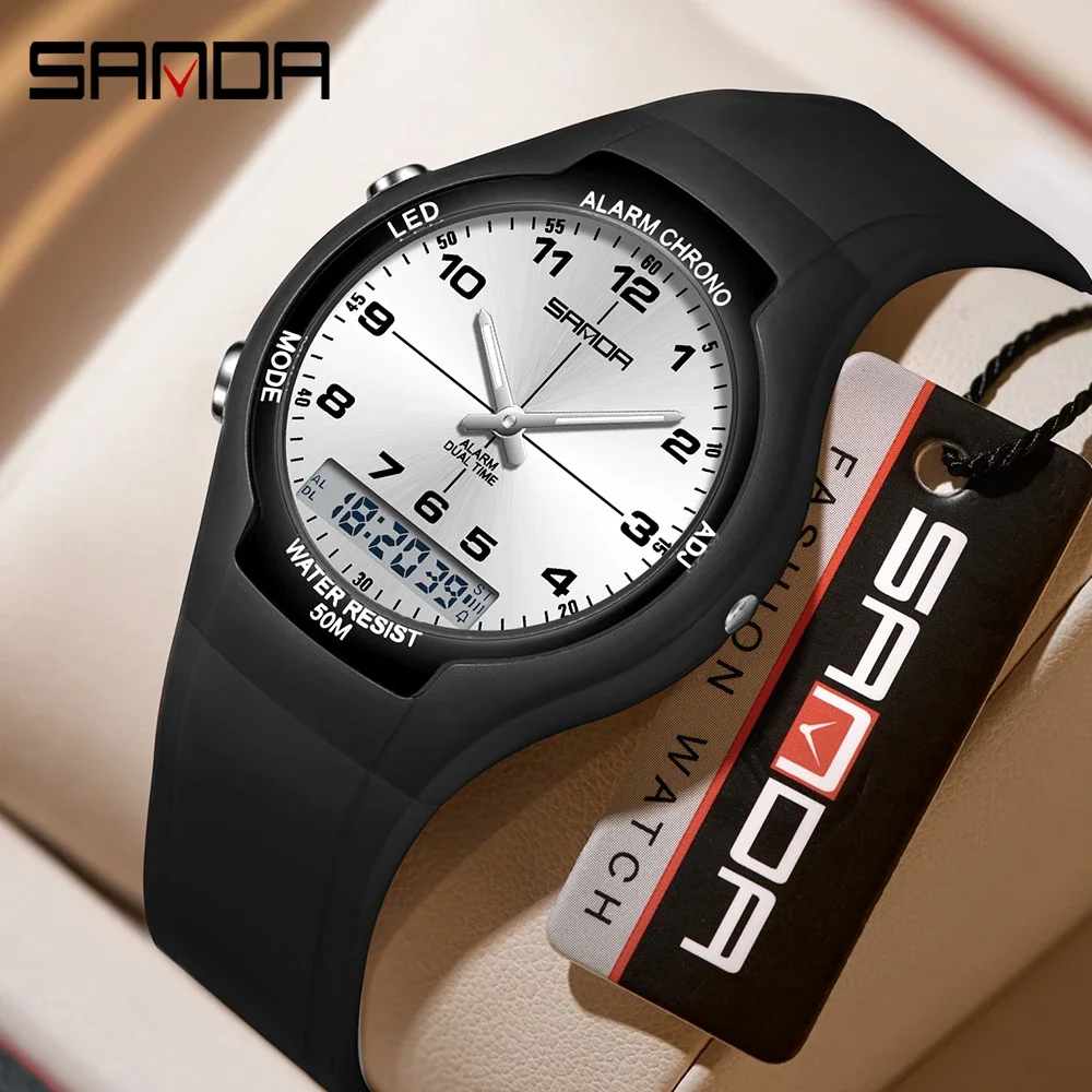 SANDA 6320 Dual Screen Electronic Alarm Clock Watch Fashion Waterproof Men's and Women's Watch Night Light Student Sports Watch