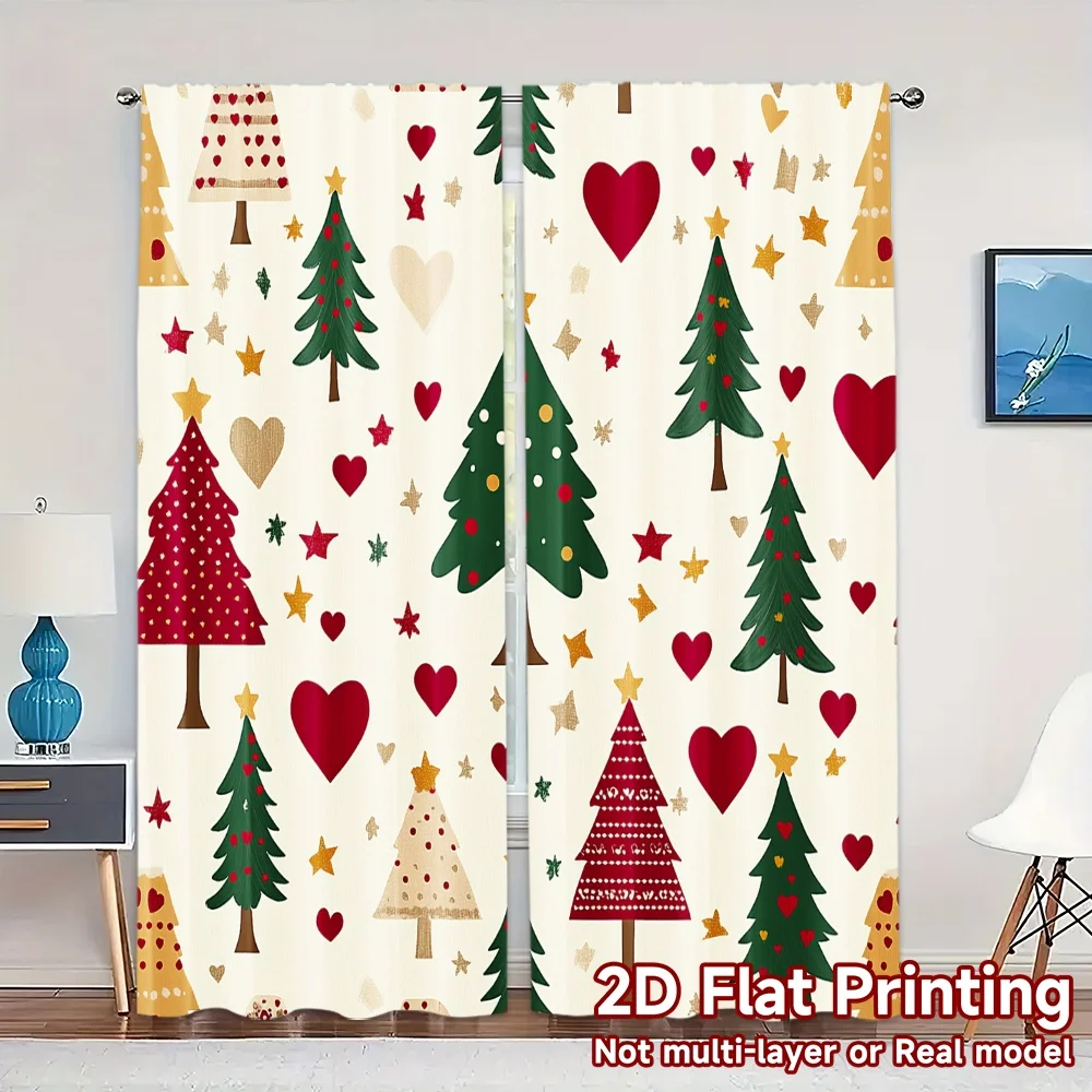 2pcs,Curtains Christmas Trees Hearts Stars Fabric Popular Contemporary Curtains Versatile Polyester Curtains Decorations Outdoor