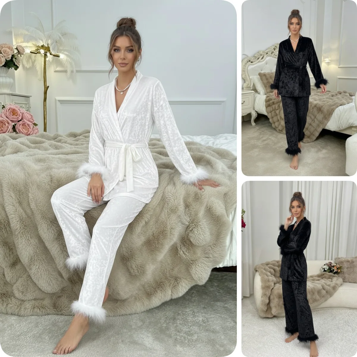 Women Autumn Winter Loungewear Set Fuzzy Trim Bath Robe with Long Pants Soft Loose Home Sleepwear Casual Comfortable