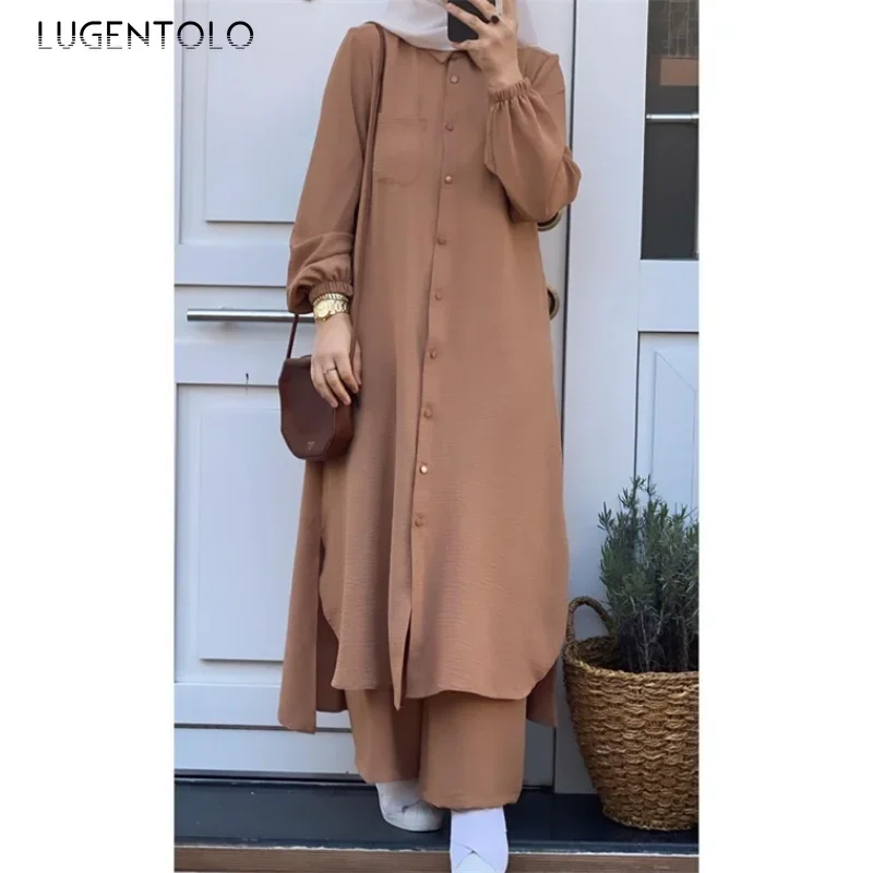 

Women Elegant Abaya Long Sleeve Robe Loose Pants Sets Solid Lady Lapel Single-breasted Middle East New Clothing