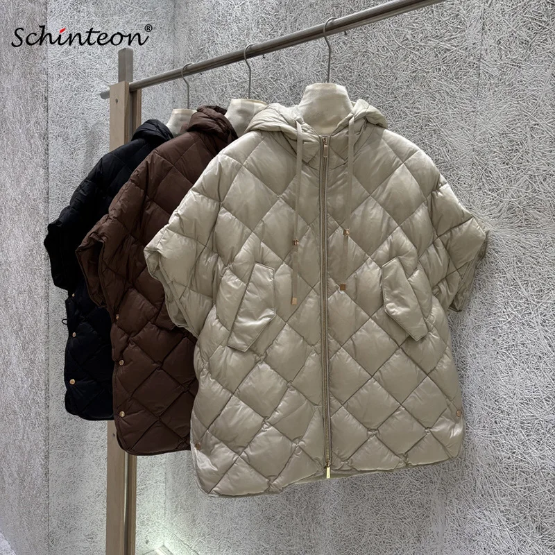 Schinteon Women 90% White Duck Down Vest Argyle Sleeveless Jacket with Hood Autumn Winter Top 2026 New Fashion Real Pictures
