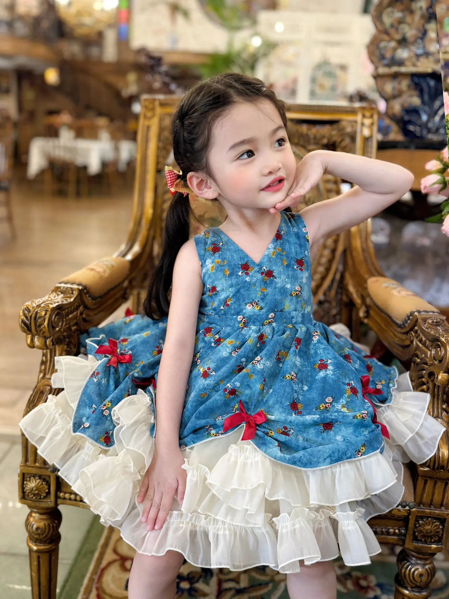 Mädchenkleid mit Blumenmuster, Lolita-Prinzessinnenkleid, Doppellagiger Rüschen-Tüllrock, Kinder-Sommerkleid für Geburtstagsfeiern und Fotografie-Kostüme – Detail 18