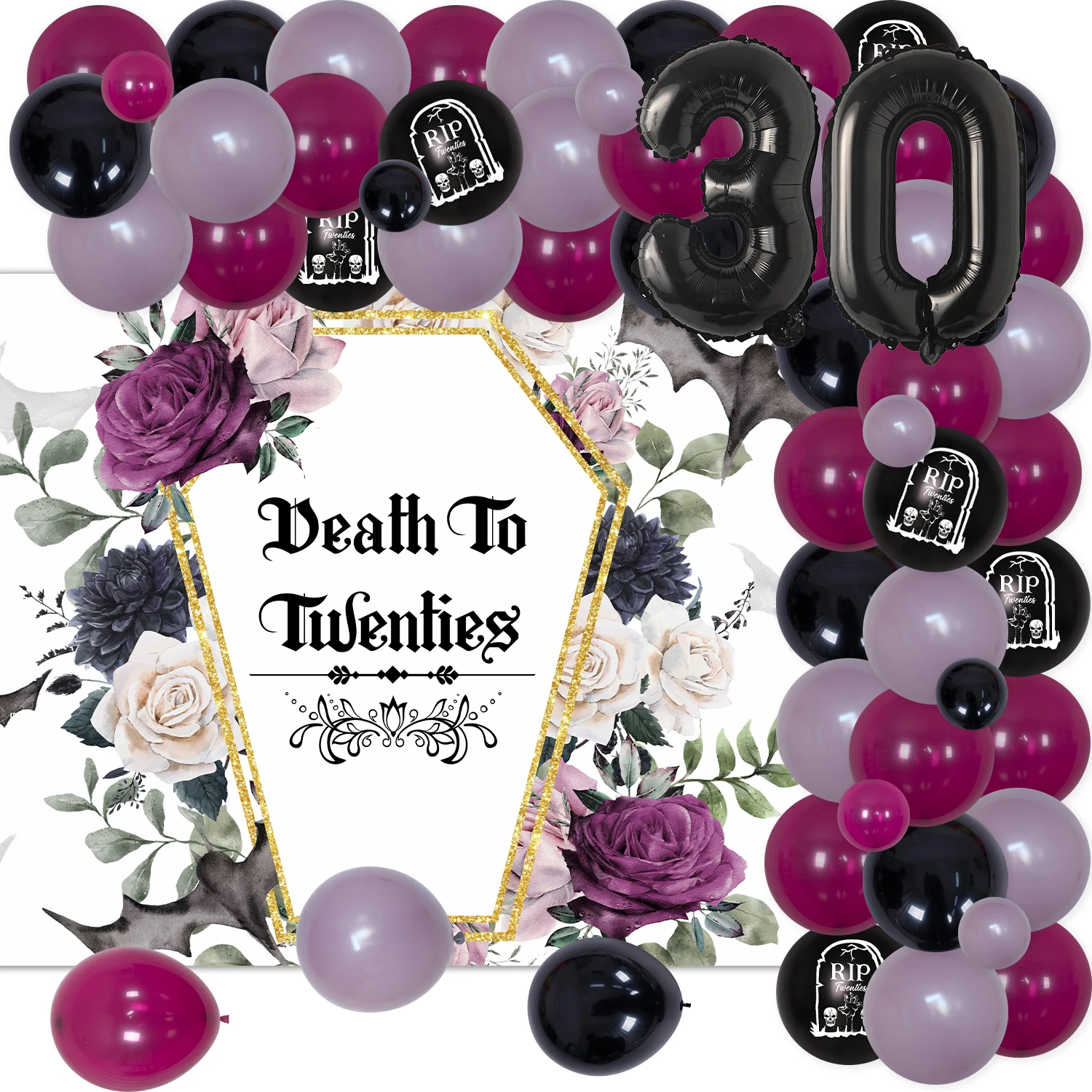 

30th Birthday Party Decor Floral Death To Twenties Backdrop Balloon Garland Kit for Funeral Rip ToMy 20s Birthday Party Supplies